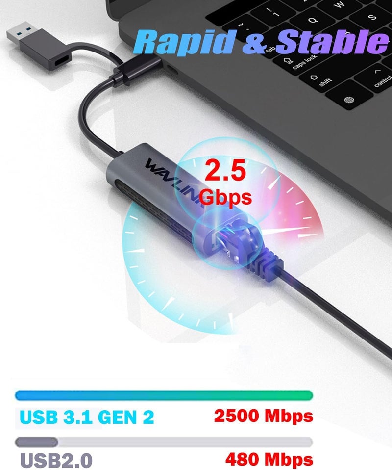 WAVLINK USB C to Ethernet Adapter 2.5 Gbps, 2-in-1 USB to 2.5G Ethernet Adapter, USB-C to RJ45 Network Converter (Thunderbolt 4/3 Compatible), Aluminum Case for Windows, Mac OS, iPad OS and More. - Image 4